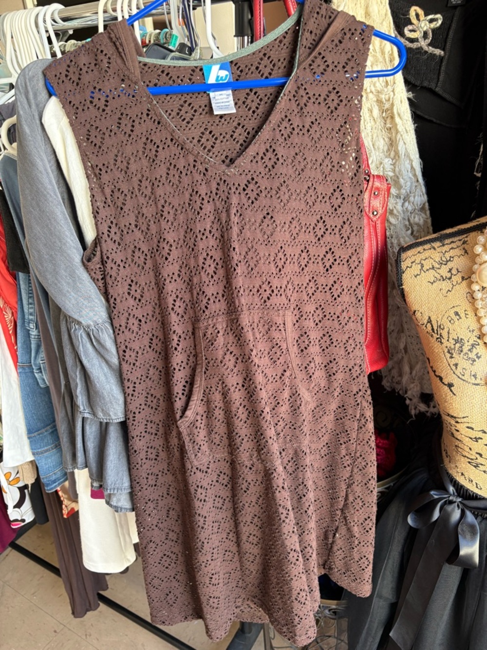 Brown Eyelet Sleeveless V-Neck Hooded Romper/Cover-Up